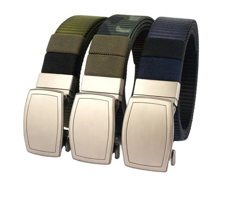 3.4cm Wide Men's Nylon Web Belt Sliver Automatic Buckle Double Sided Color Rotatable Metal Buckle Webbing Fabric Belt 125cm Long