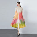 Women's 2024 New Natural Color Blocking Ruched Chiffon Crew Neck Long Sleeve Bohemian Pleated Knee-Length Elegant Loose Dress