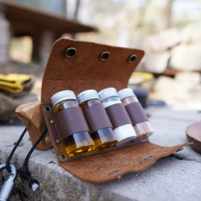 Camping Seasoning Genuine Leather Kit Travel Hiking Spice Holder With Small Spice Jar Portable Seasoning Storage Bag