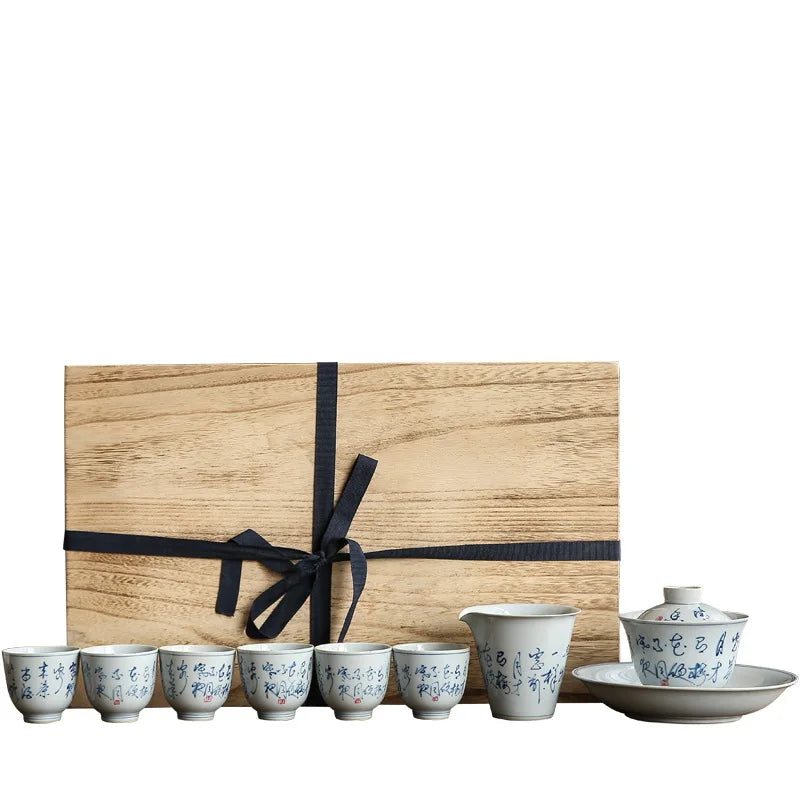 Wooden Box Handwritten Cold Night Poetry Kung Fu Tea Set Small Tea Cup Hand Drawn Teaware Sets Ceramic Gaiwan Business Gifts