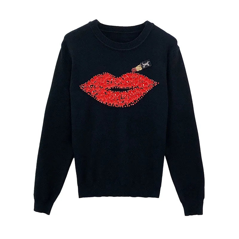 New Fashion Sequined Red Lip Style Simplistic Top Bending Undershirt Sweater for Women