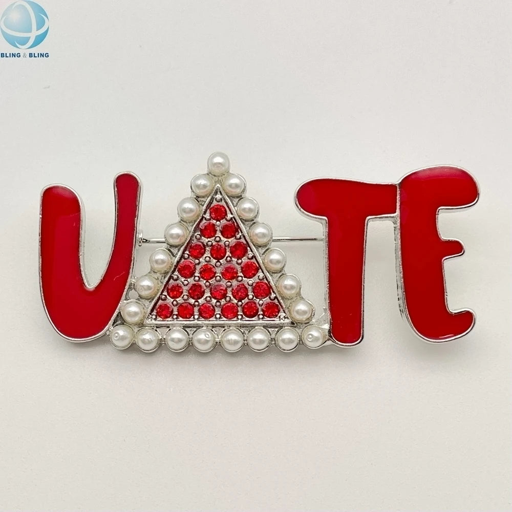 Fashion Pearls Triangle Rhinestone Vote Brooches Red Enamel Delta Vote Pins for Sorority Gift