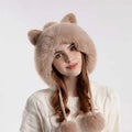 Ladies Winter Cute Knitted Hat Female Cartoon Cat Ears Hairball Hats Thickened Warm Hat Winter Balaclava Neck Warmer Fleece Hood
