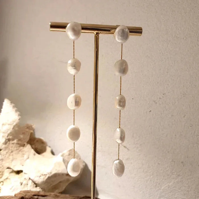 Maiou Trendy Elegant Vintage Gold Plated Long Real Freshwater Pearl Dangle Earrings for Women Jewelry