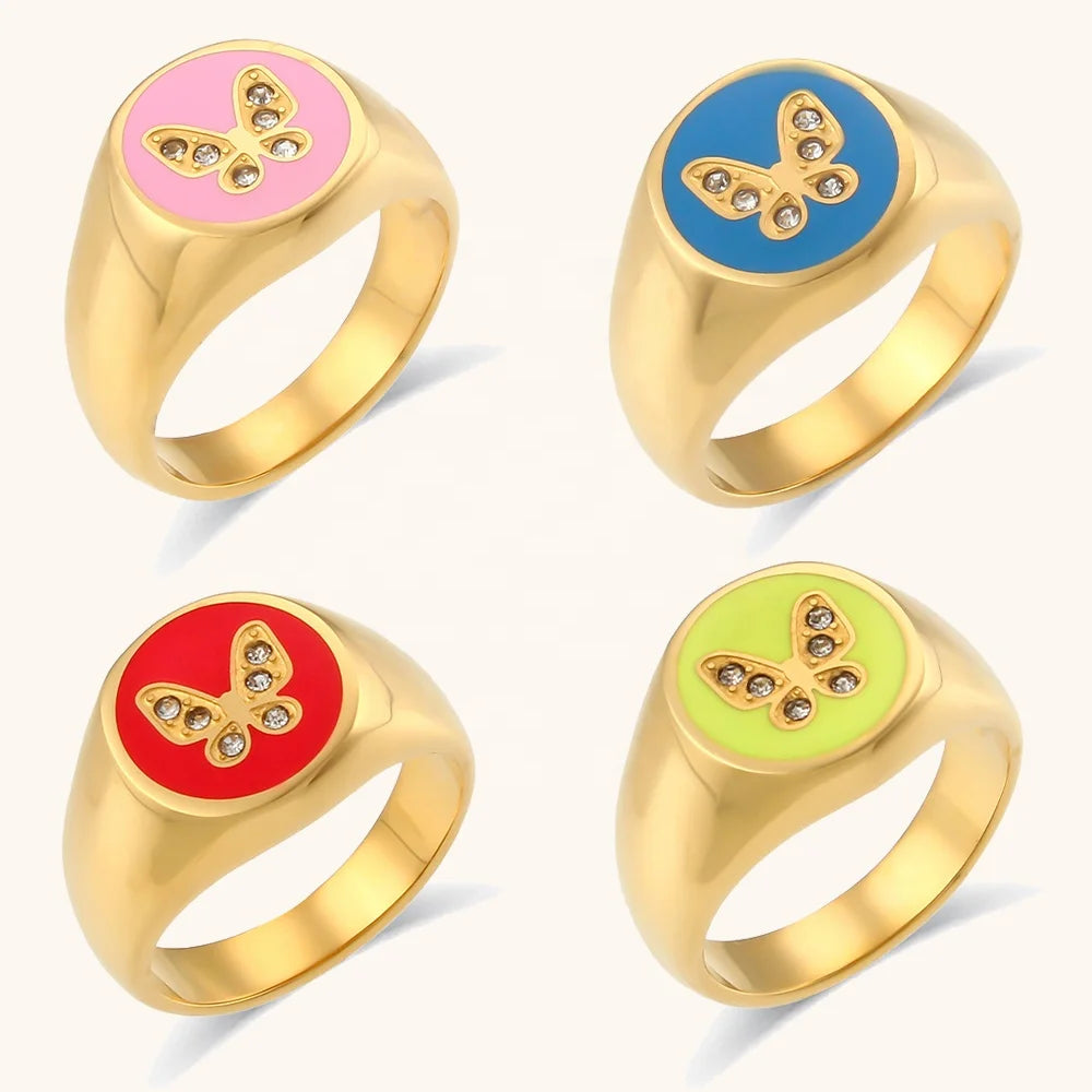 Ding Ran Drop Shipping Colorful Enamel Butterfly Zircon Ring Stainless Steel Waterproof Jewelry Rings