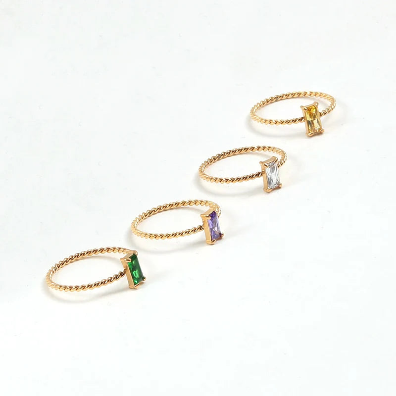 Fashion Cable Ring Women's Stainless Steel 18k Gold Plated Jewelry Colorful Square Zircon Stone Twisted Thin Ring