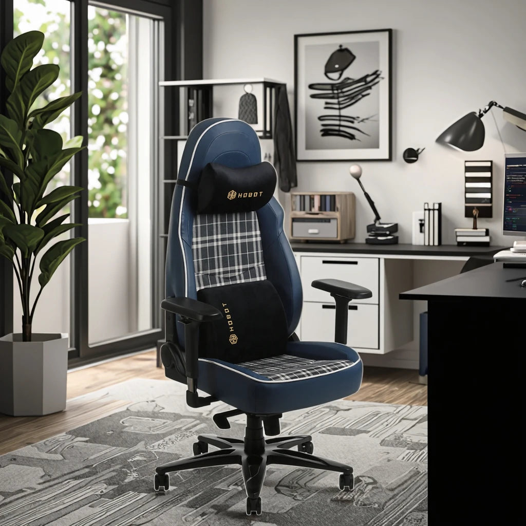 Adjustable Magnetic Headrest Plaid Fabric High Back PU Leather Stainless Steel Gaming Chair