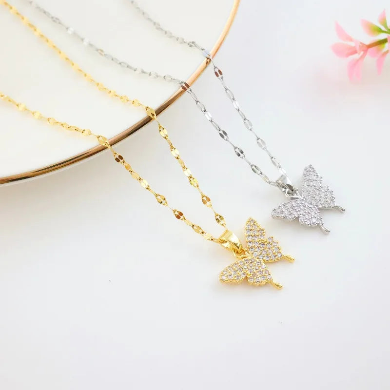 GT New Fashion Zirconium Butterfly 18K Electroplated Copper Pendant Stainless Steel Necklace for Women