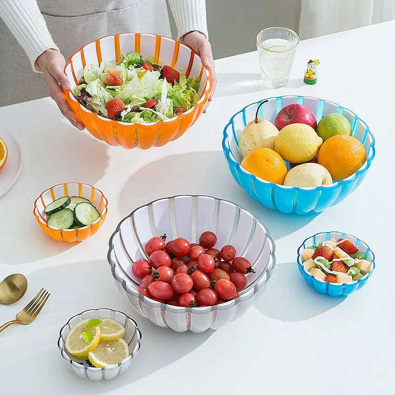 Flower Petal Design Double Color Mixed Large Capacity Thick Round Plastic Resin Bowl Set for Salad Fruit