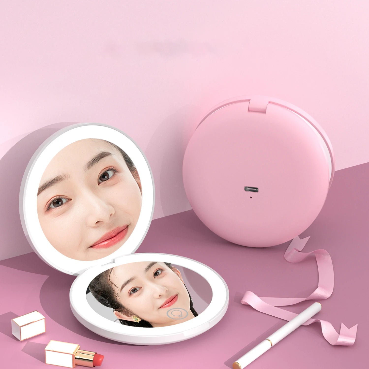 Zonyin Portable Folding Mini LED Light Makeup Mirror Magnifying Rechargeable Double Small Pocket Compact Travel Mirror for Girls