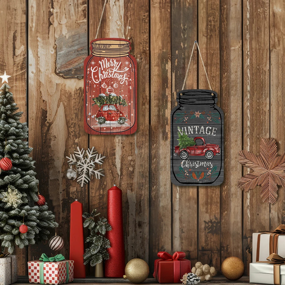 Putuo Decor Merry Christmas Wooden Plate Sign Mason Jar Shape Wood Crafts for Home Wall Xmas Tree Decor