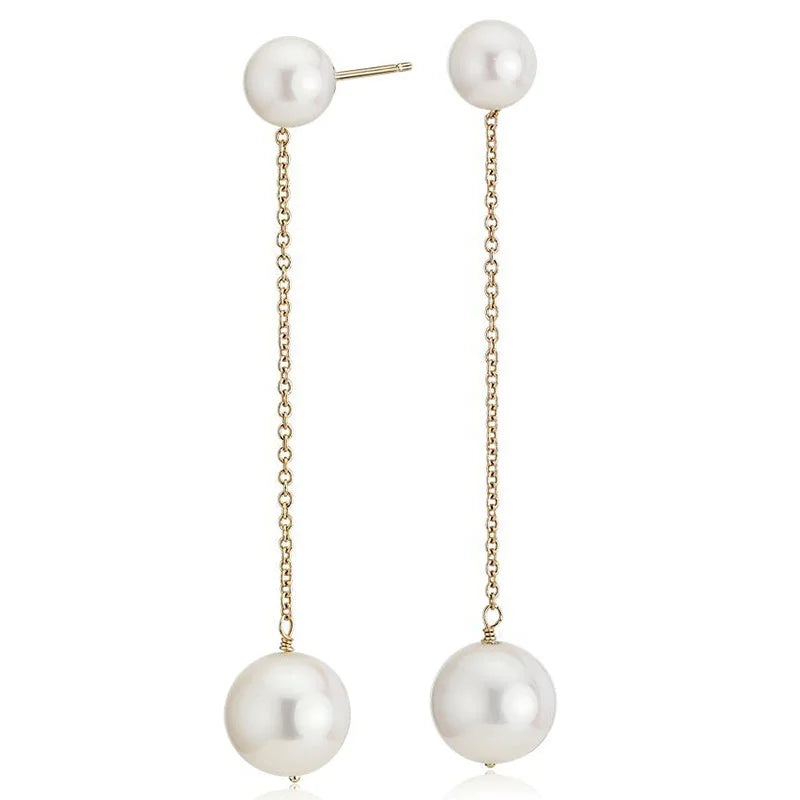 Milskye Elegant Jewelry Sets Gold Plated Hanging Long Chain Double Round Pearl Drops Stud Earrings