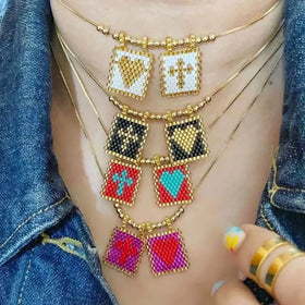 New Religious Jewelry Dainty 18k Gold Plated Ball Beads Tiny Little Seed Beaded Scared Heart Charm Scapular Chain Necklace
