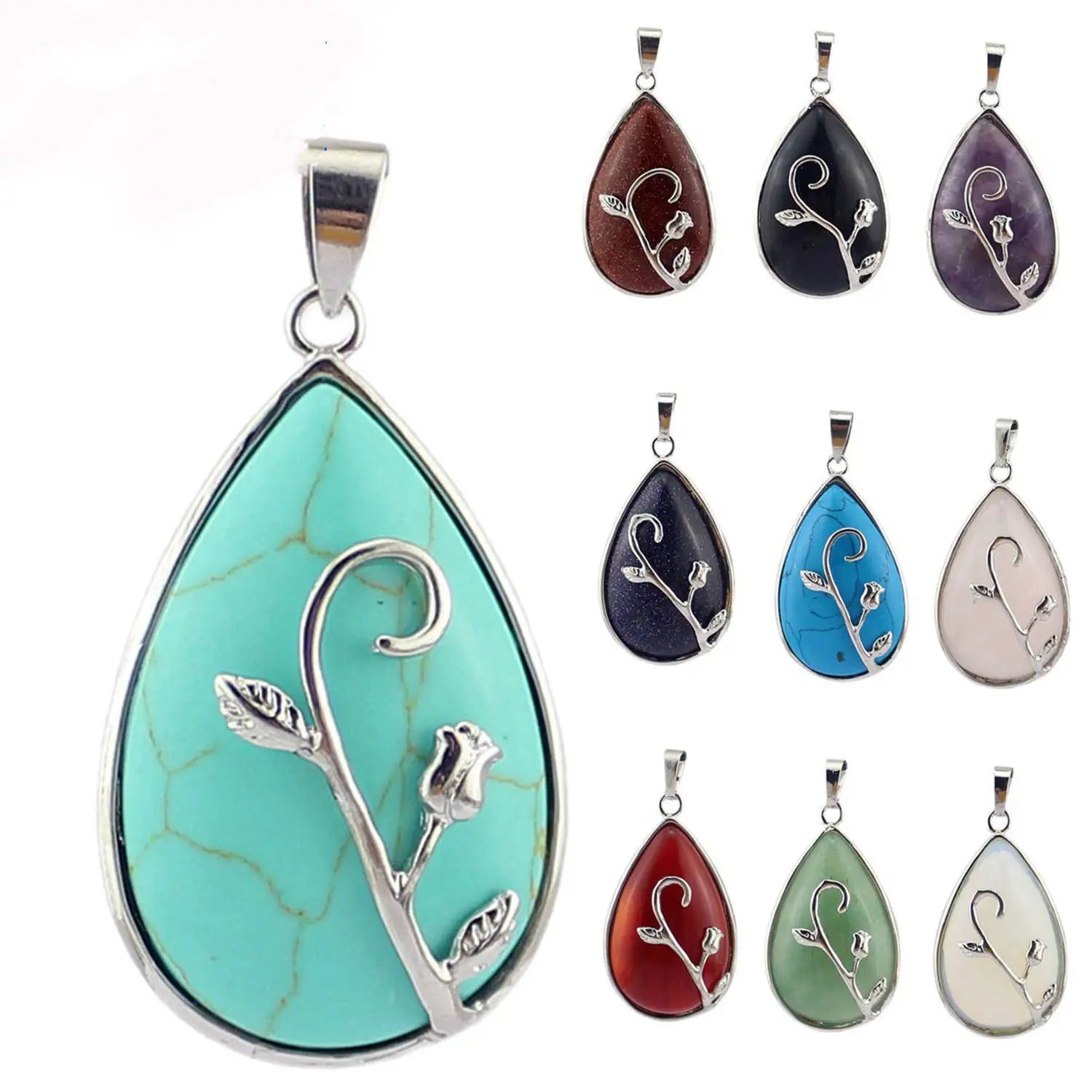 Healing Crystals Waterdrop Pendant Necklaces Silver Alloy Reiki Quartz Gemstone Teardrop Water Drop Jewelry for Womens Girls