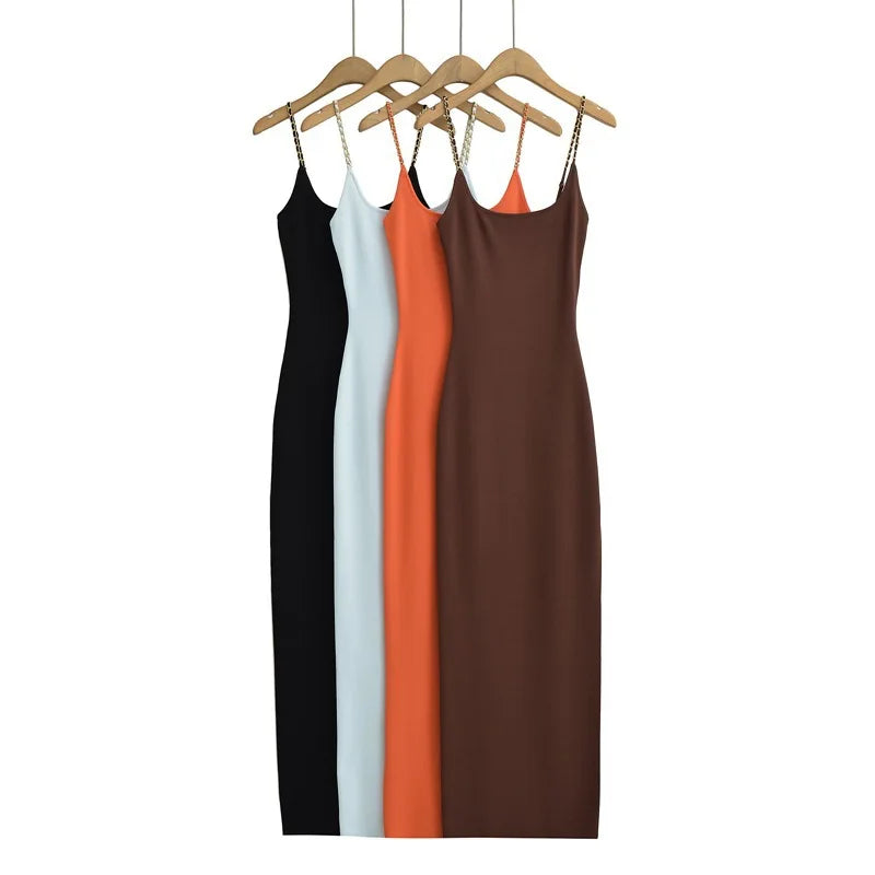Women's Summer Style Casual Dress Solid Pattern Chain Suspender Hip Skirt Backless Slit Strapless Design Made Chiffon Fabric