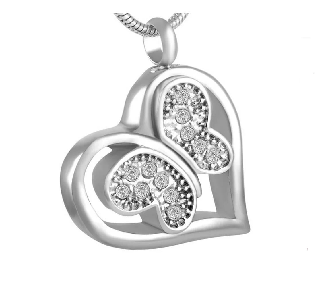 Stainless Steel Crystal Religious Christian Butterfly Ash Urn Heart Cremation Memorial Necklace Pendant Keepsake