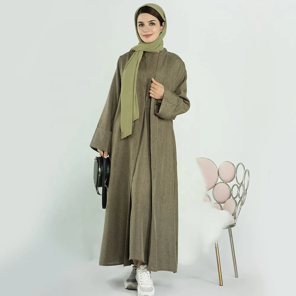 2026 Loriya EID Abaya Women Muslim Dress Islamic Clothing Linen Solid Color Front Open Abaya Muslim Women Ladies Abaya