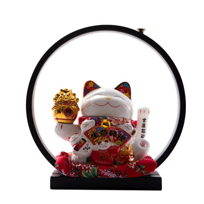 Maneki Neko LED Porcelain Figurine Gift  Waving Hand 7 Inches  Fortune Lucky Cat for Business Opening Wooden Shelf Lamp