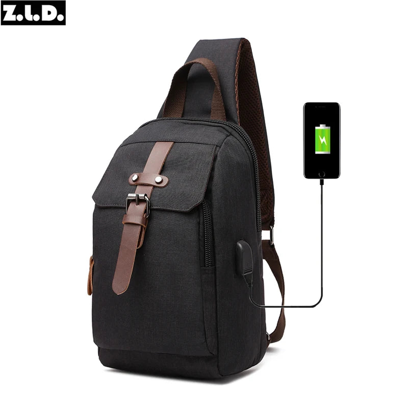 ZUOLUNDUO Solid Color Waterproof Custom Single Shoulder Laptop Messenger Bagmen Chest Bag Waterproof with USB