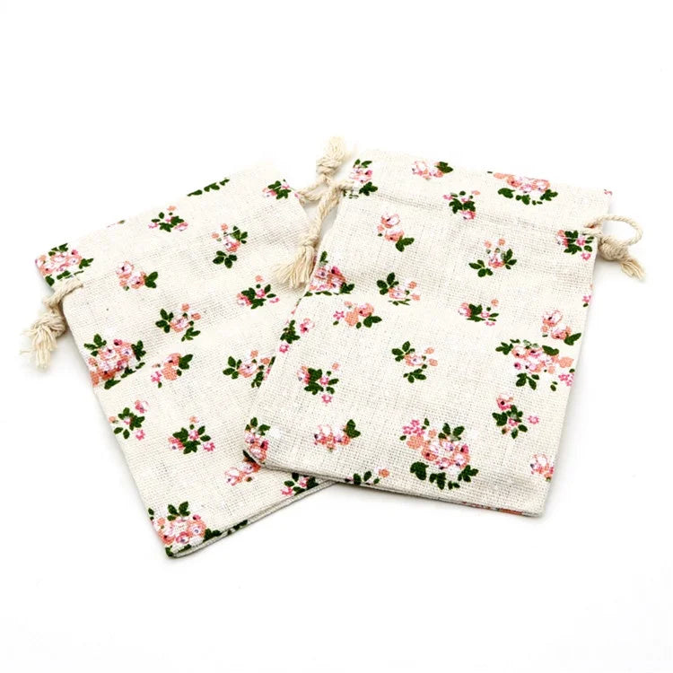 Pink Flowers Designs Cotton Bags Drawstring Gift Bag Muslin Pouch Cosmetics Boutique Candy Jewelry Packaging Bags