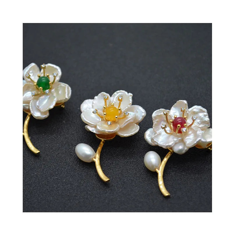 Natural Color Freshwater Pearl Petal Shaped Baroque Pearl Handmade Flower Brooch