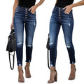2023 Autumn New Mid Waist Retro Breasted Women's Trousers Small Feet Elastic Ripped Jeans for Women