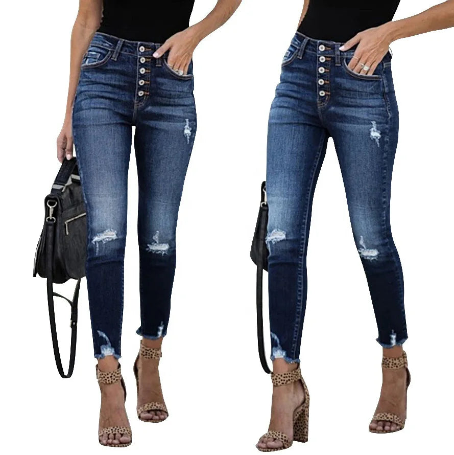 2023 Autumn New Mid Waist Retro Breasted Women's Trousers Small Feet Elastic Ripped Jeans for Women