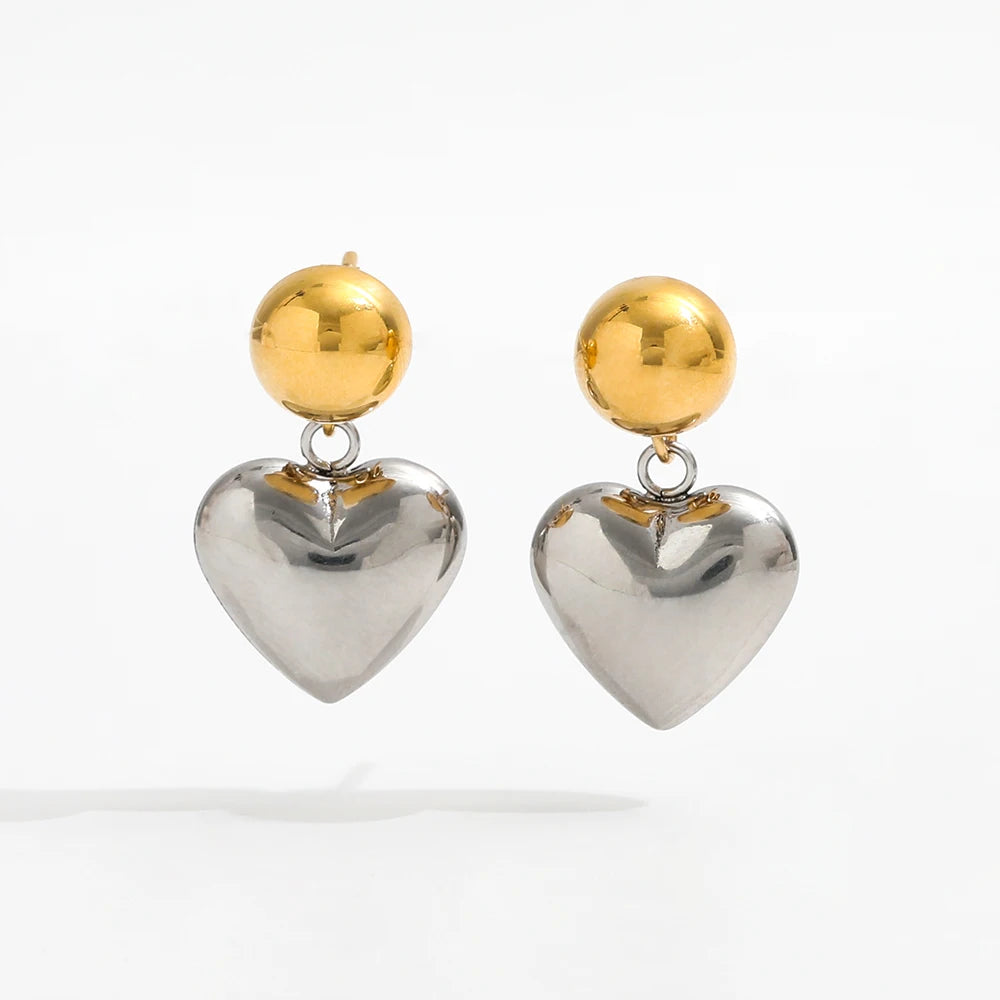 Trendy Earring 18K Gold Plated Two-tone Hollow Heart Pendant Hoop Earrings Stainless Steel Earrings Wholesale