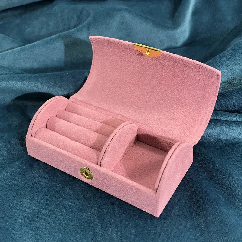 Women's Arch-Shaped Velvet Jewelry Box Golden Button Travel Case Ring Earrings Storage Customizable Colors Logo Durable