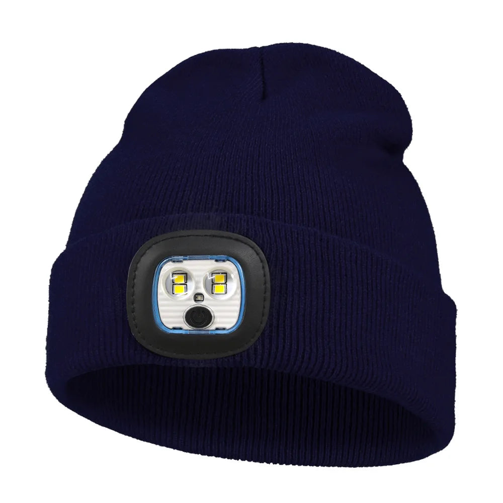 Factory Custom New LED Headlamp Lighting Night Fishing Beanie USB Led Knitted Hat for Family Gift
