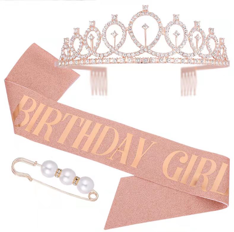 Birthday Party Decorations Rose Gold Happy Birthday Tiara With Sash Three-Piece Party Supplies