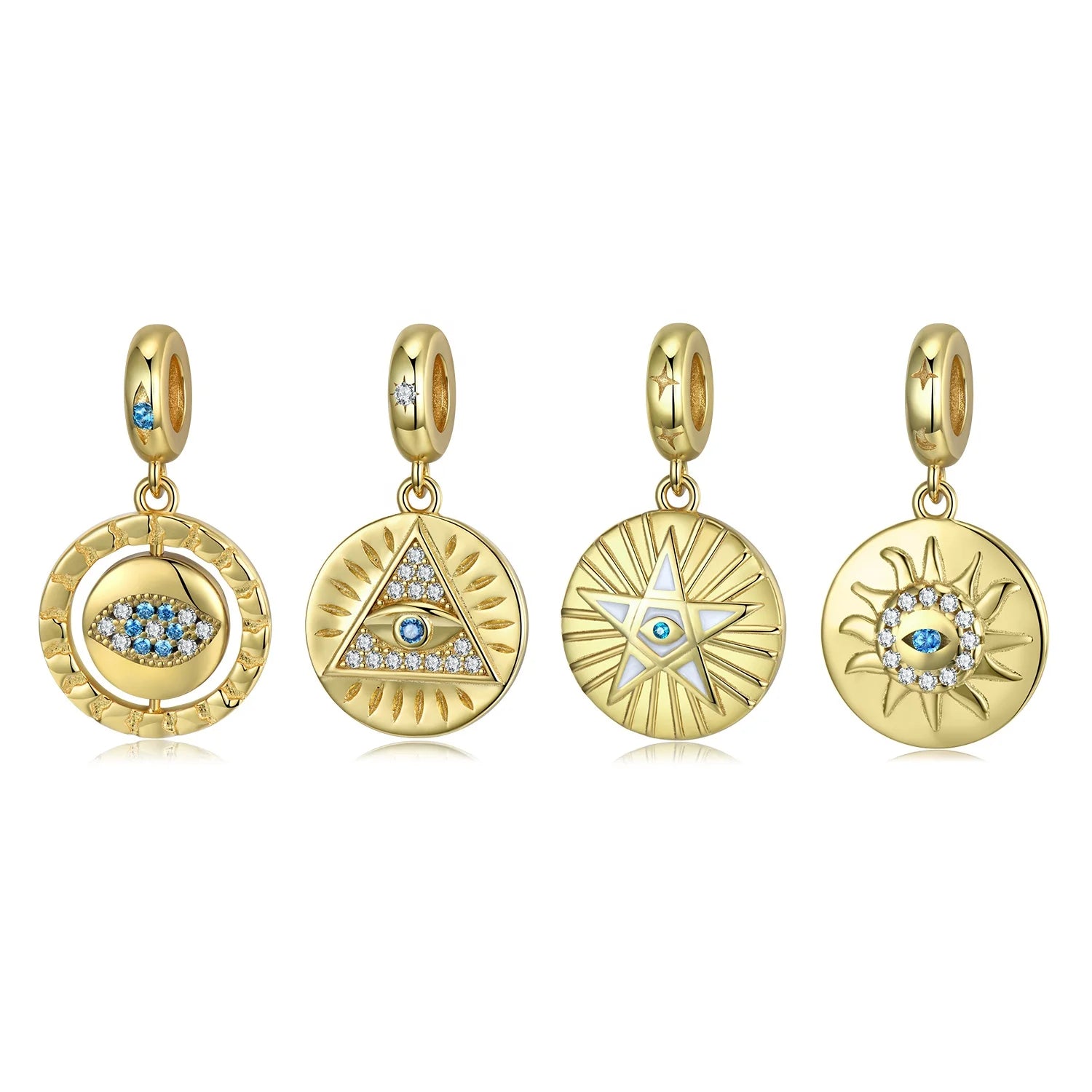 Round Gold Plated Devil Eye Pendant 925 Sterling Silver Beads with clear Zircon for Women Charm Jewelry Bracelet Dropshipping