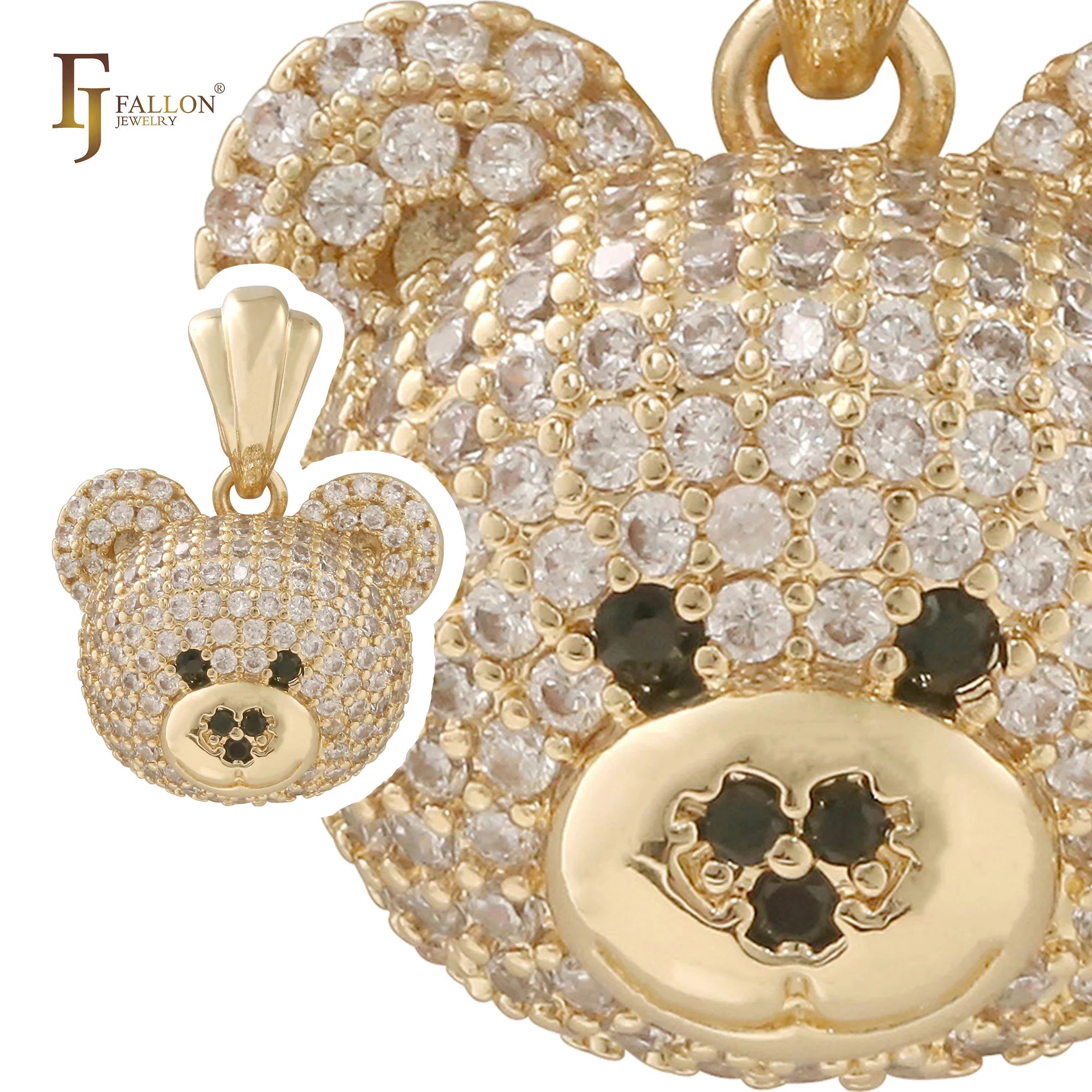 FJ Fallon Fashion Jewelry Little Bear Cluster White CZs Pendant Plated in 14K Gold Brass Based