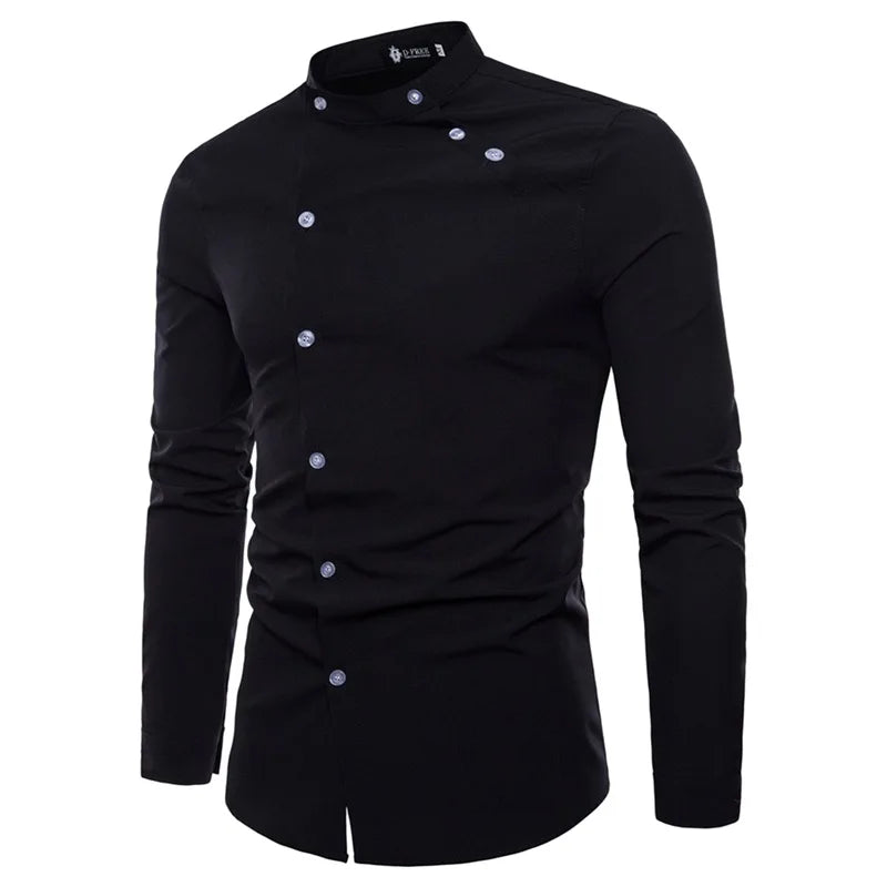 European Single Breasted Long Sleeve Dress Shirt for Men Solid Color with Stand Mandarin Collar Casual Button Design for Autumn
