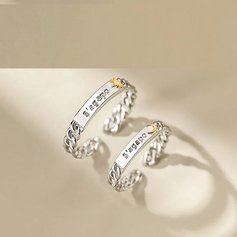 Fashion Couple Jewelry Chain Ring With Letter Decor Adjustable Open Ring For Men Women Sun Moon Lover Ring Valentine's Day Gift