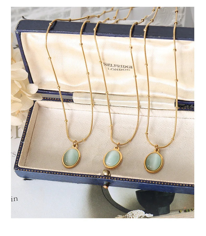 Fashion Jewelry French Classic 18K Gold Plated Stainless Steel Chain Opal Oval Pendant Choker Necklace for Women P174