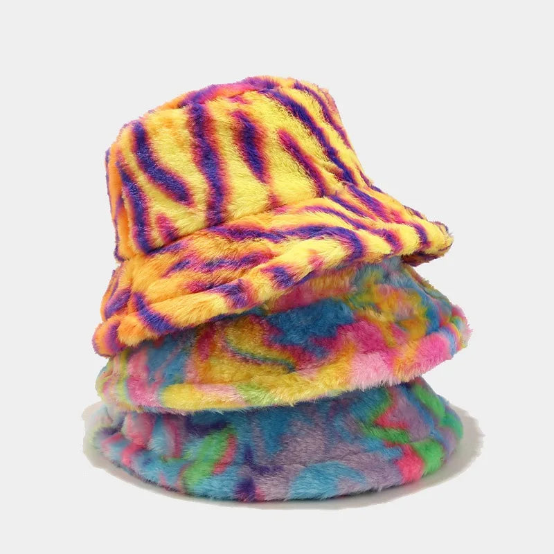 Wholesale Europe USA 2023 Autumn Winter New Style Plush Warm Colorful Cap Fashion Lady Women Fluffy Faux Fur Furry Bucket Hat