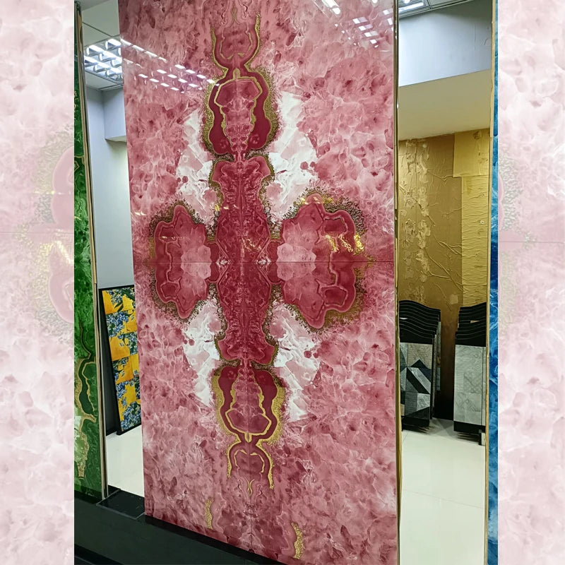Modern Pink Gold Polished Porcelain Slab Continuous Vein Decorative Tiles for Luxury Bathroom & Interior Wall Background Decor