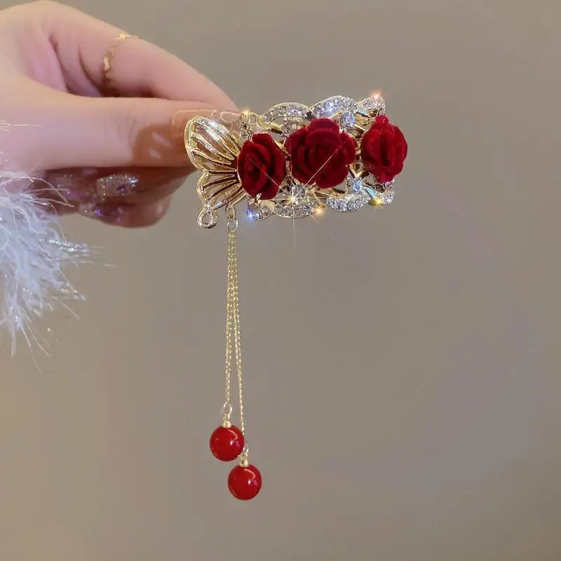 Fashion Sweet Women's Bell Orchid Flower Tassel Claw Clips Rhinestone Zircon Pearl Hairpin Hairclips Accessories