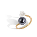 2023 Latest Design 18K Gold Plated Black Shell Pearl Ring Adjustable Fresh Water Pearl Vintage Brass Flower Rings Jewelry Women