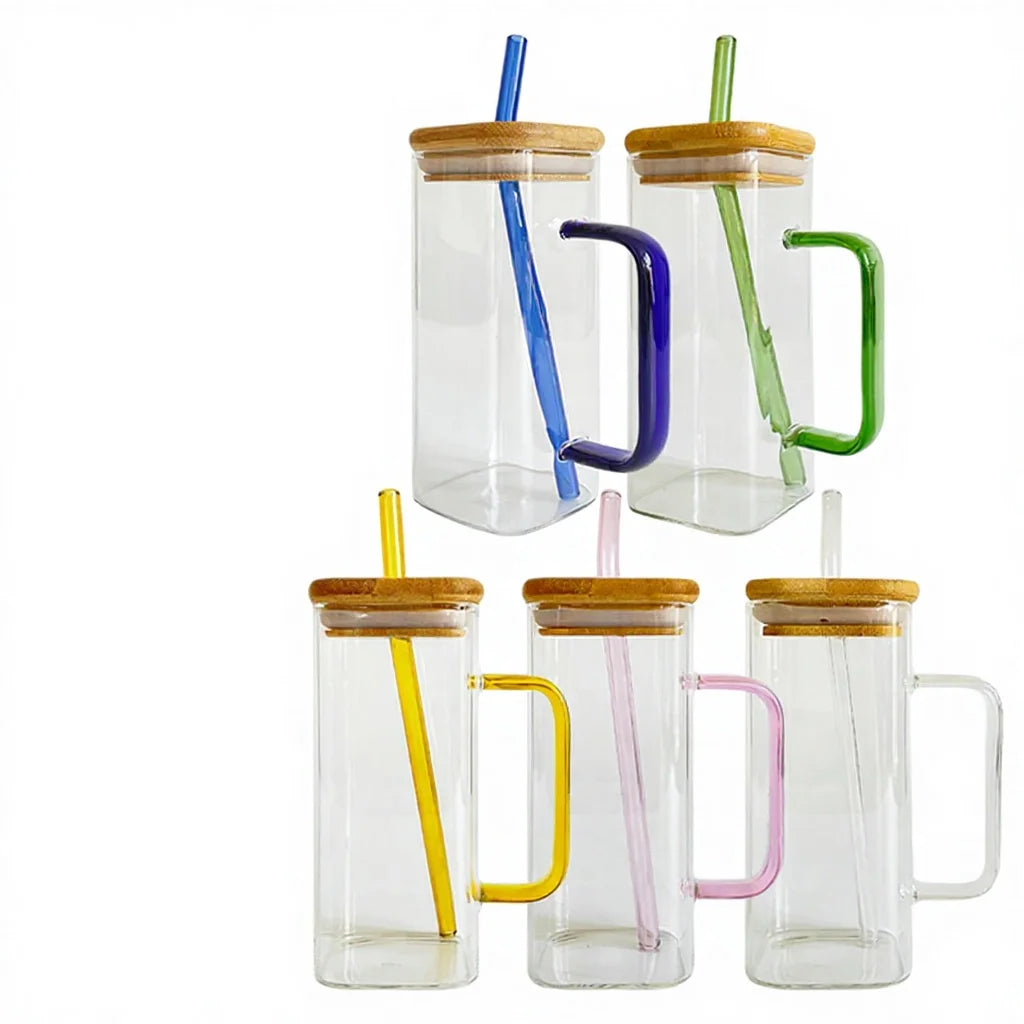 High Borosilicate Transparent Square Microwavable Glass Mugs with Handle-Modern Design for Party Use