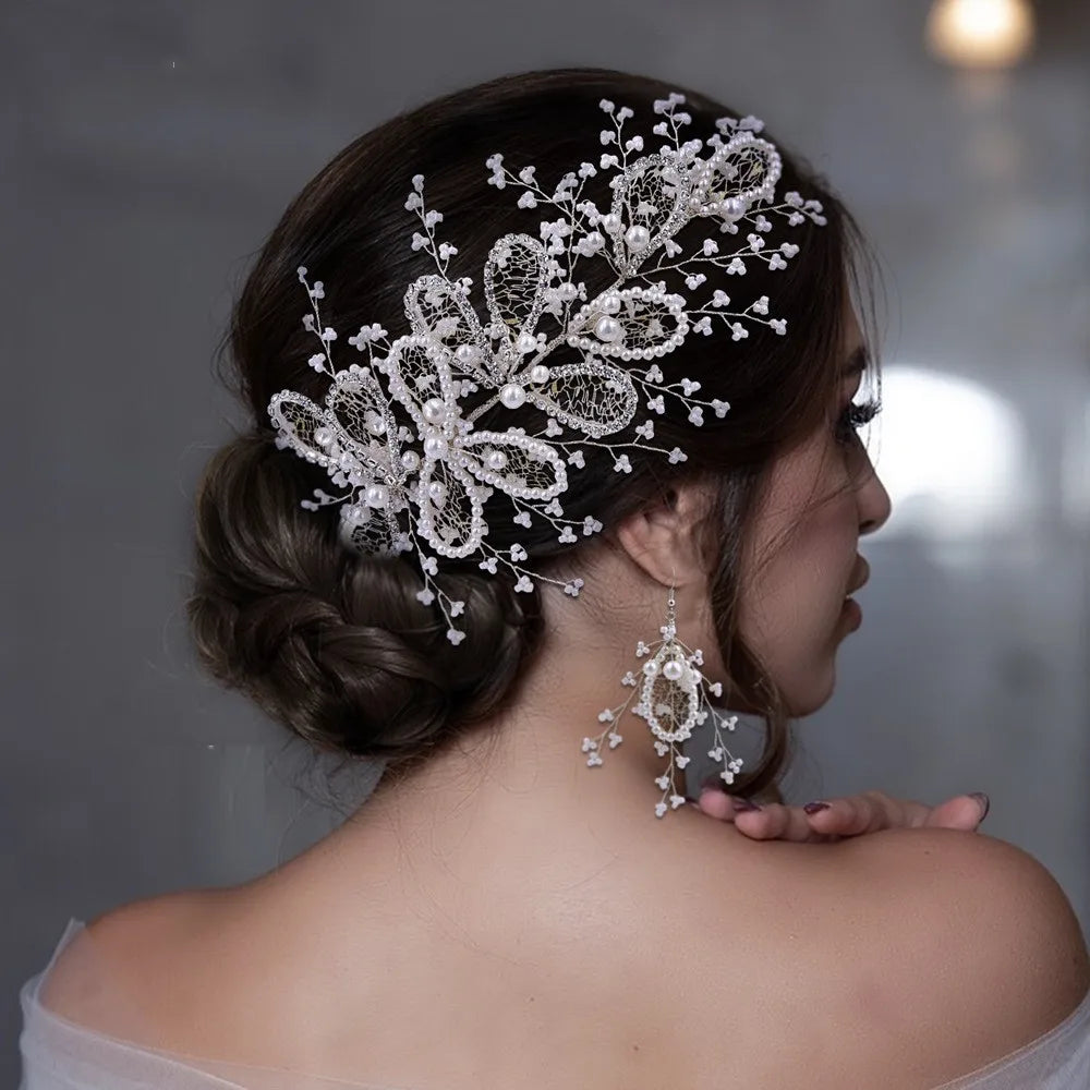 Bridal Headband Pearl Mesh Cutout Pearl Beads Leaves Hair Slice Wedding Bride Hair Accessories Headpiece Hair Vine Comb Piece