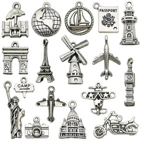 AA016294 17pcs/set Vintage Diy Bracelet Necklace Travel Series Pendant DIY Alloy Car Aircraft Passport Pendant
