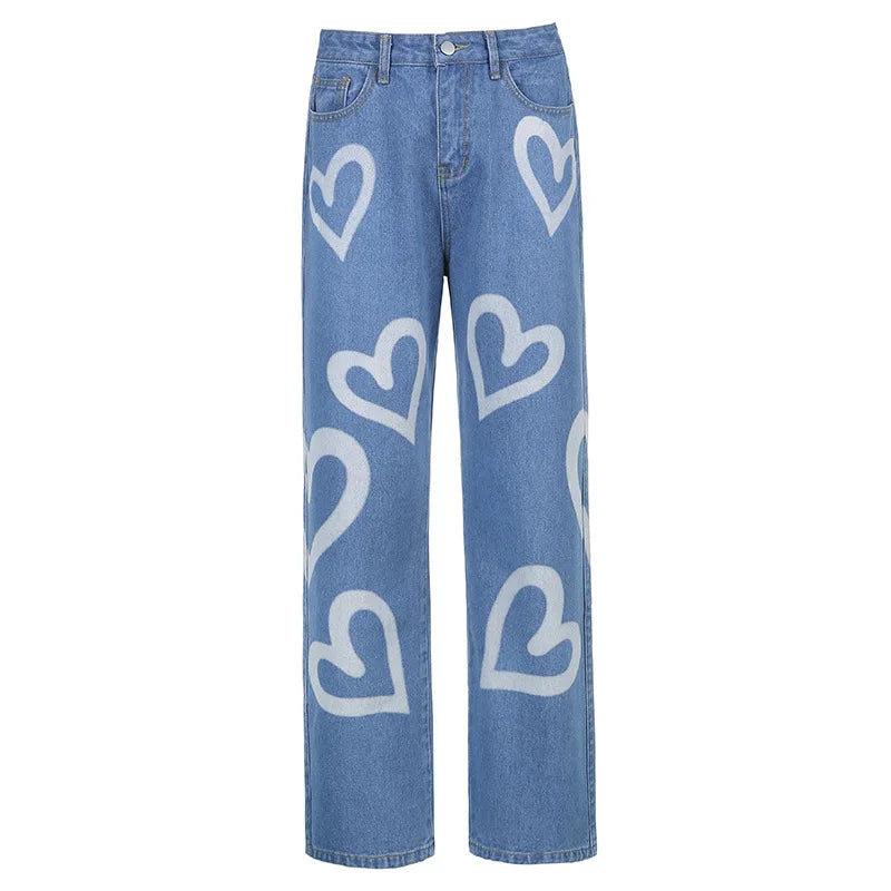 New Trendy Street Style Personalized Pantalones Jeans Graffiti High Waisted Straight Women's Jeans