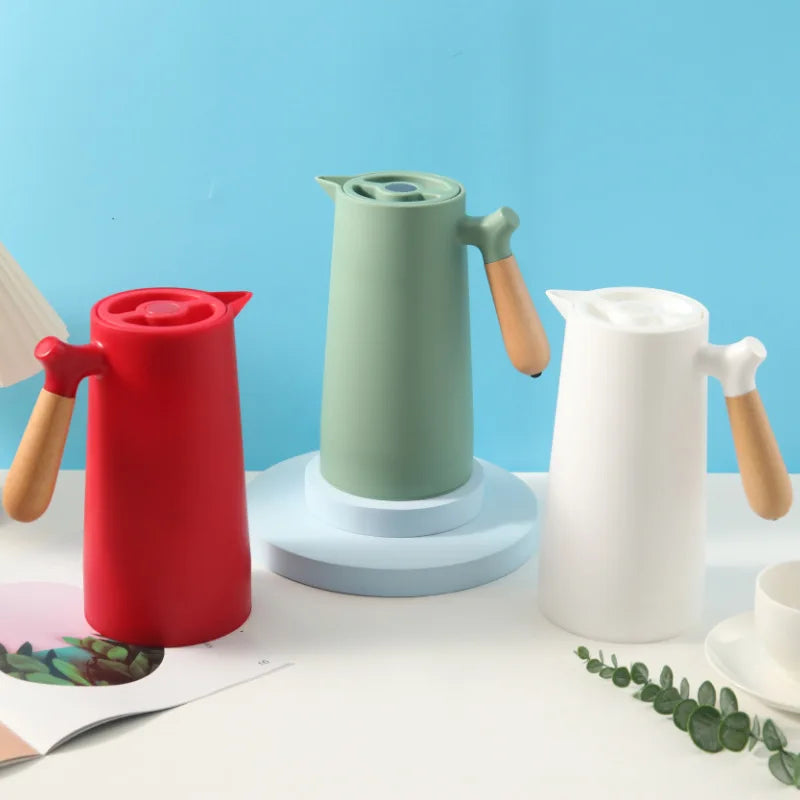 1000ml Eco-Friendly Double Wall Plastic Vacuum Carafe Tea Kettle with Silicone Insulation and Wood Handle Modern Design