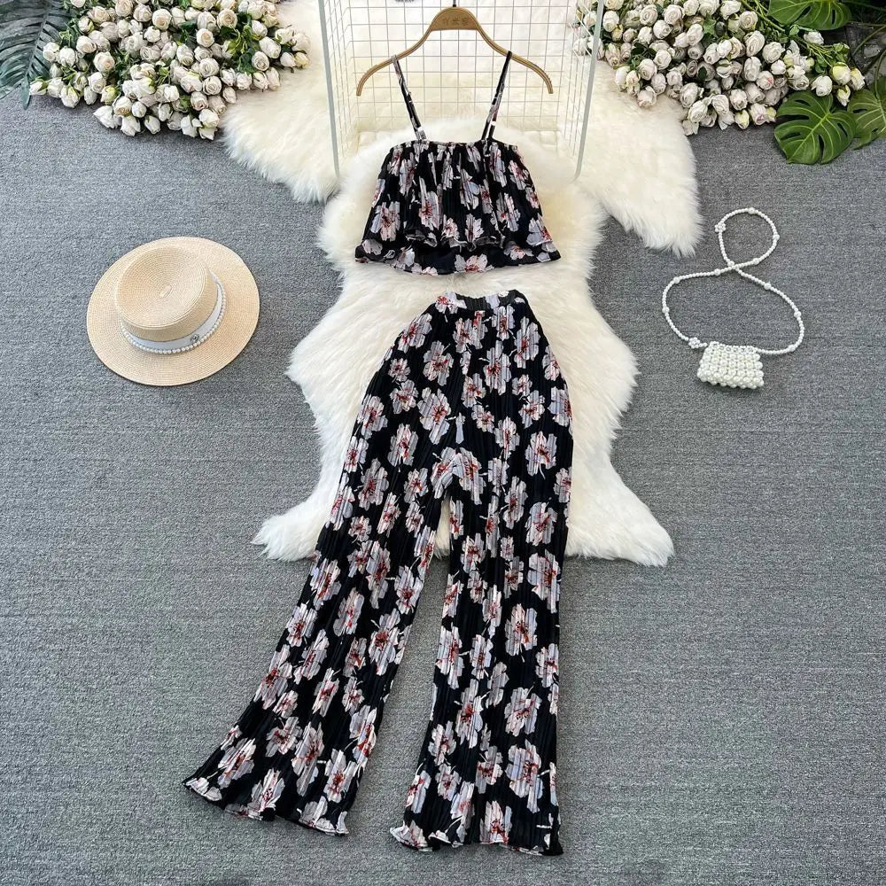 Ins Holiday Style Summer Beach Print Camisole Women's Design Pleated High-Waisted Wide-leg Pants Two-piece Sets