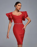 Ocstrade Latest Fashion Design Women Cocktail Dress Solid Color Short Sleeve Ruffles Midi Bodycon Red Bandage Cocktail Dress
