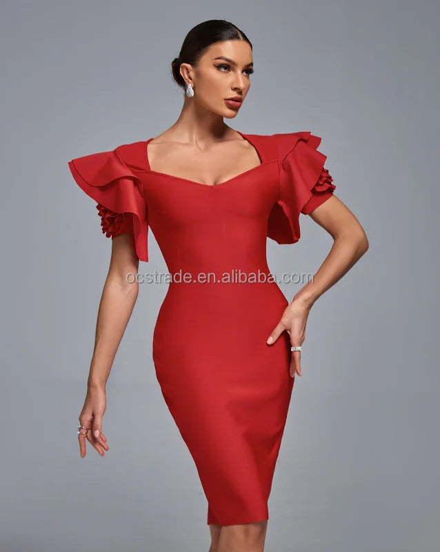 Ocstrade Latest Fashion Design Women Cocktail Dress Solid Color Short Sleeve Ruffles Midi Bodycon Red Bandage Cocktail Dress
