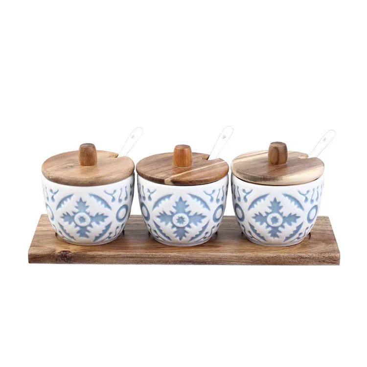 Chinese Classical Style Eco-Friendly Ceramic Spice Jar with Bamboo Wood Lid Hand Wash Only Salt and Pepper Container