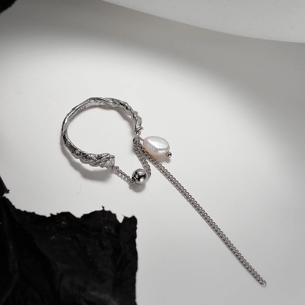 Icebela Fashion Jewelry 925 Sterling Silver Korean Version of Niche Design Texture Baroque Pearl Adjustable Chain Ring
